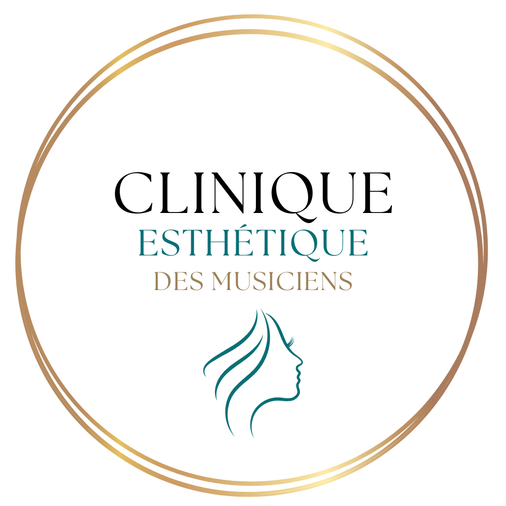 Logo circulaire à double bord doré sur fond noir, avec le texte ESTHÉTIQUE en bleu-vert, DES MUSICIENS en doré, et une silhouette féminine stylisée en profil en traits bleu-vert sous le texte.