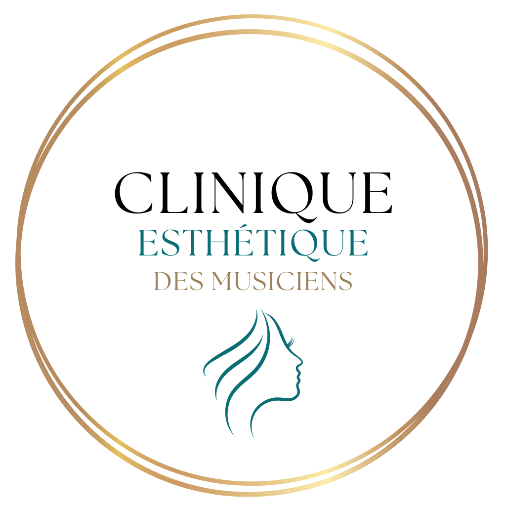 LOGO DOCTEUR POURREZ (1) Logo circulaire sur fond blanc avec un double anneau doré en dégradé entourant le texte centré « CLINIQUE » en noir, « ESTHÉTIQUE » en bleu-vert et « DES MUSICIENS » en doré, et une silhouette de profil féminin stylisée aux cheveux ondulés en bleu-vert en dessous.