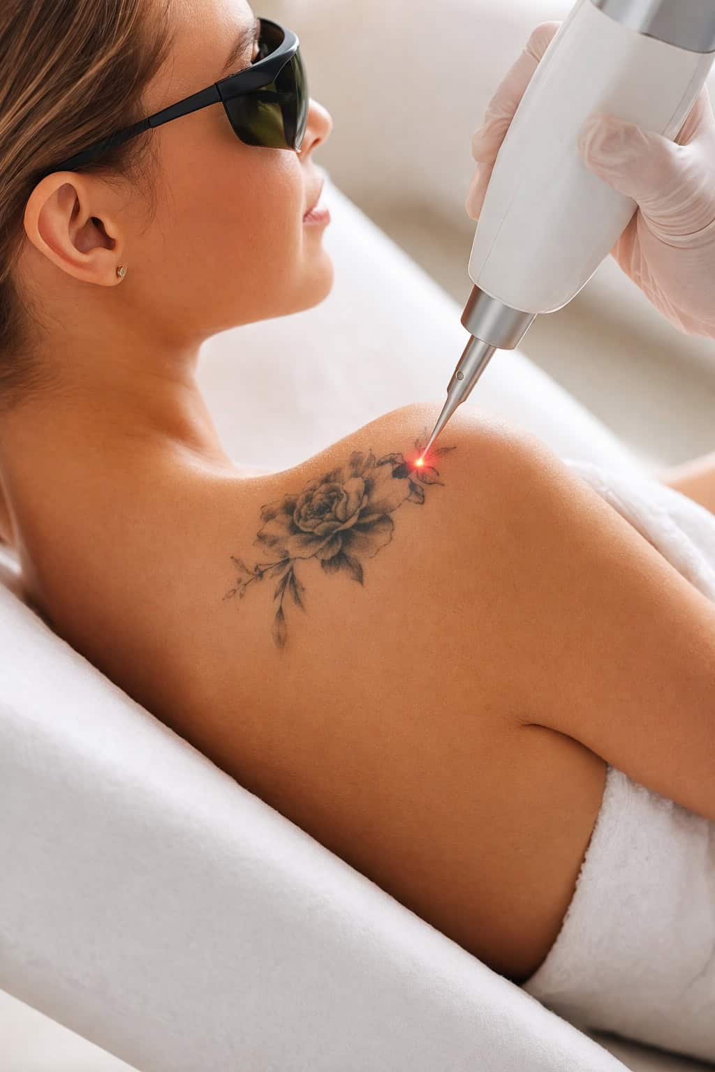 Femme allongée portant lunettes de protection pendant l'effacement au laser d'un tatouage floral sur son épaule.