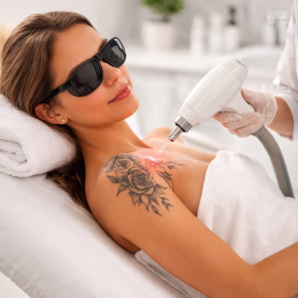detatouage laser Femme allongée portant des lunettes de protection recevant un traitement laser pour l'effacement d'un tatouage floral sur l'épaule.