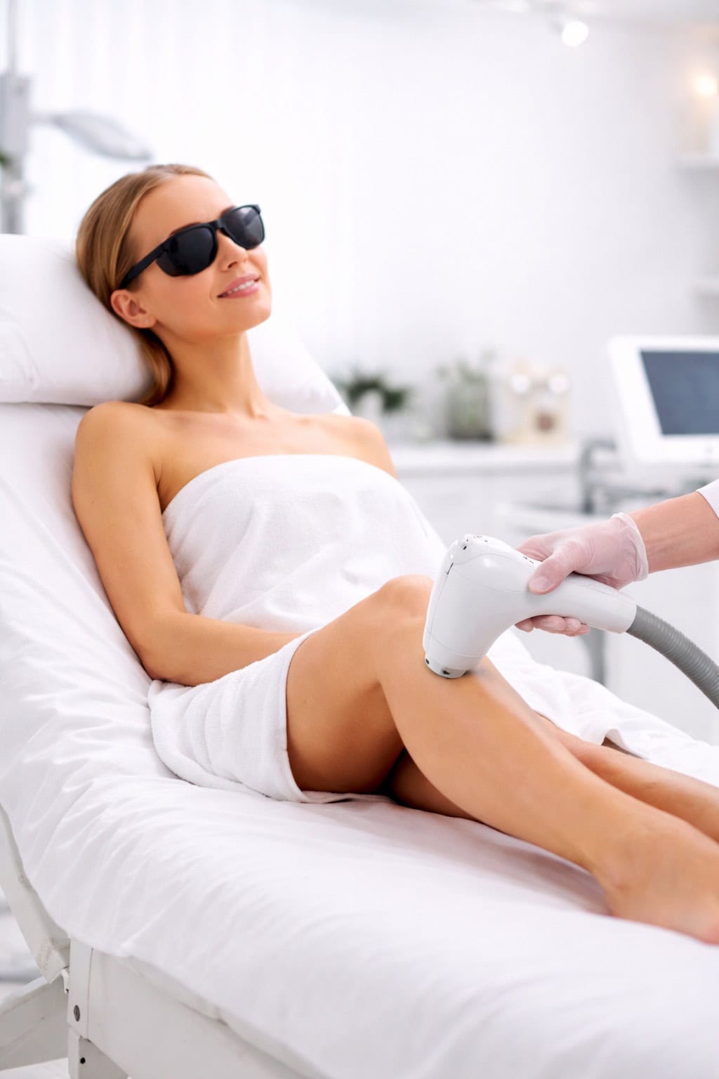 Femme allongée sous une serviette blanche portant des lunettes de protection pendant une séance d'épilation laser sur la jambe.